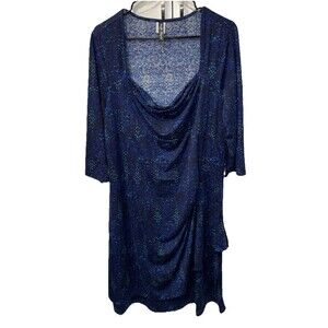 Marcelle Margaux Women Dress Black Blue Speckle 3X Stretch 3/4 Sleeve Faux Wrap